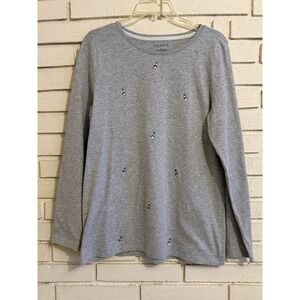 Talbots Gray Rhinestone Snowman & Snowflake Long Sleeve T-shirt Size Large NWOT